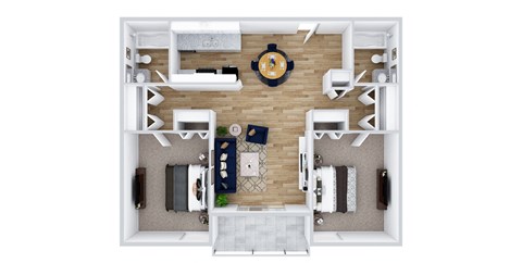 a stylized floor plan with a bedroom and a living room